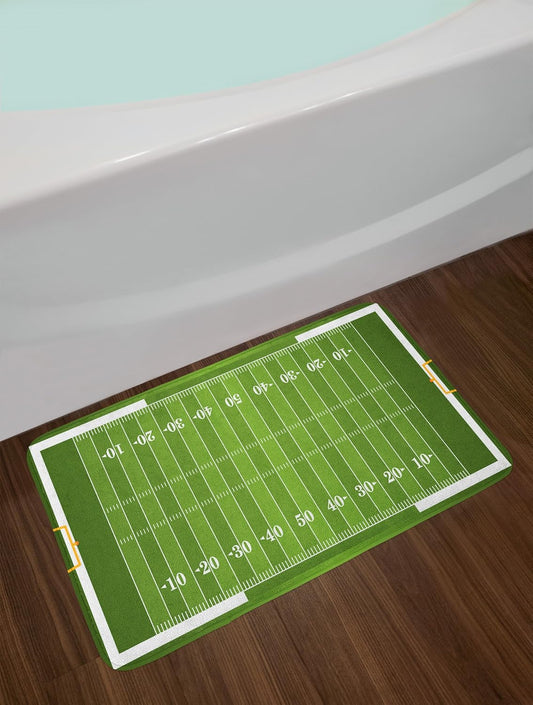 Football Bath Mat, Sports Field in Green Gridiron Yard Competitive Games College Teamwork Print, Plush Bathroom Decor Mat with Non Slip Backing, 30.2" X 20", White Green