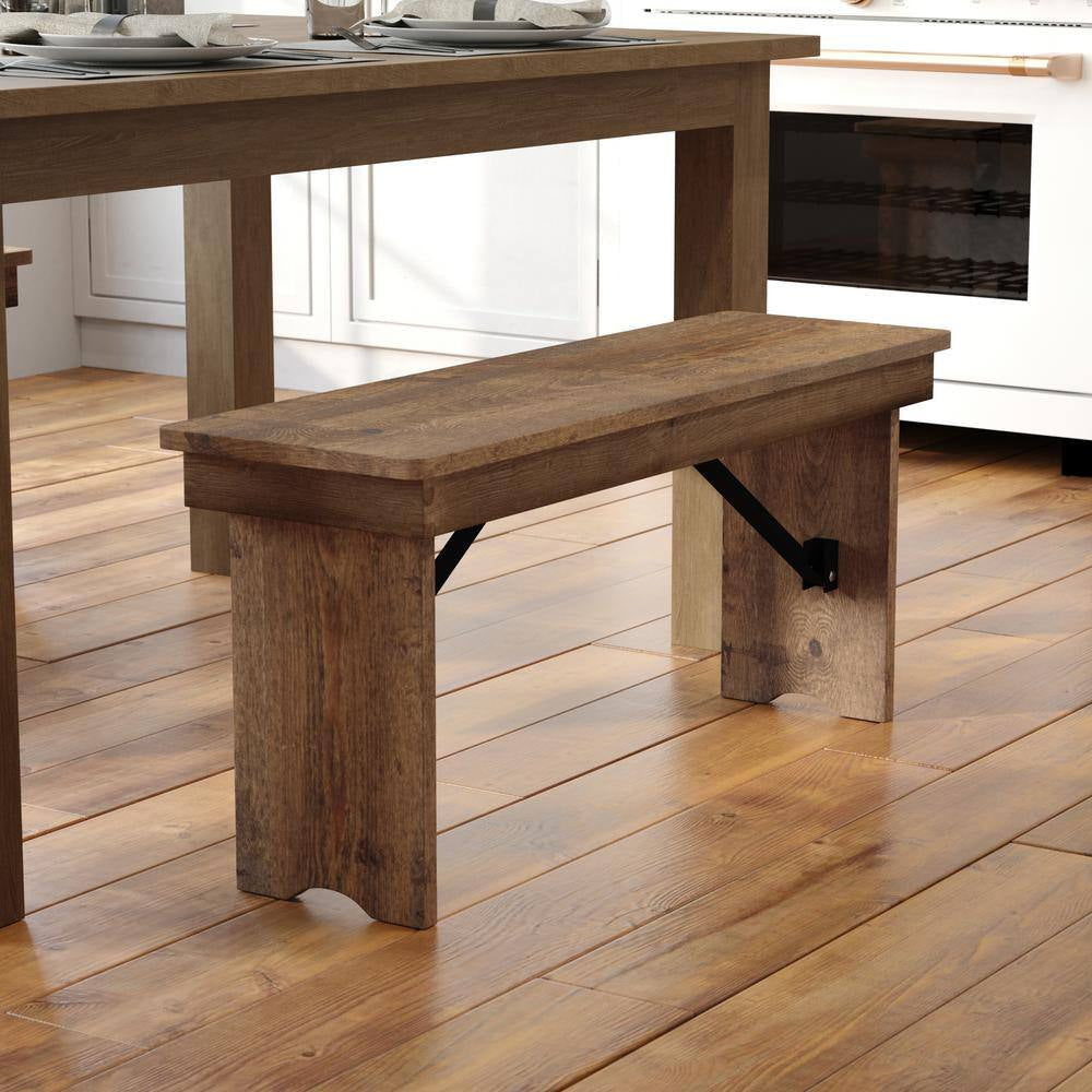 Hercules Series 40 In. X 12 In. Commercial Grade Rustic Solid Pine Folding Bench, Antique Farmhouse Dining Bench