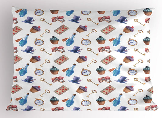 Alice in Wonderland Pillow Sham, Cupcakes Mushrooms and Bottles Hanging in Sky Dessert Print, Decorative Standard Size Printed Pillowcase, 26" X 20", Red Blue
