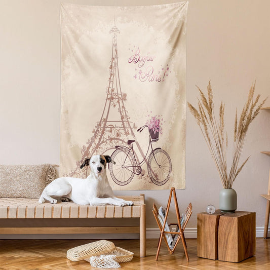 Paris Tapestry, Bonjour Paris Eiffel Tower and Vintage Bicycle with Flowers Retro Soft Color Print, Wall Hanging for Bedroom Living Room Dorm Decor, 40" X 60", Cream Pink