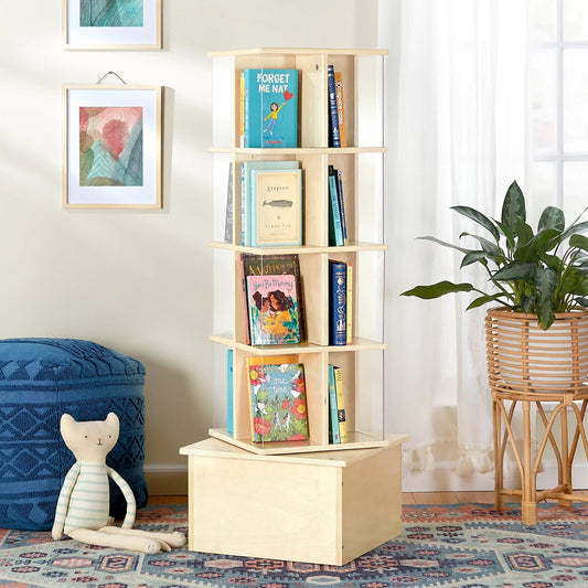 Floor Standing Rotating Book Display: Spinning Bookshelf Tower for Classroom, Kids Playroom, Library | Revolving Bookcase W/ Acrylic Windows, Birch Plywood Montessori Storage