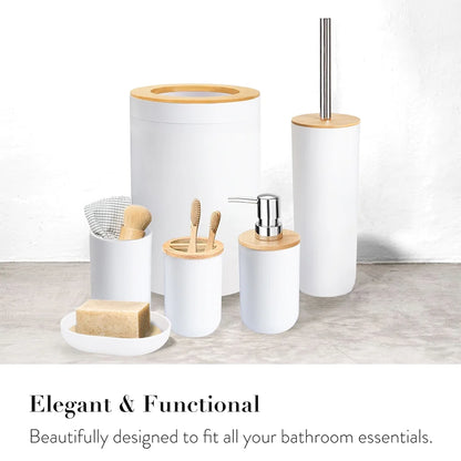 Bamboo Bathroom Accessory Set, 6 Pieces Bath Set- Soap Dish Toothbrush Holder Rinse Cup Lotion Bottle Trash Can Toilet Brush - Practical Toilet Kit for Home Washing Room，White