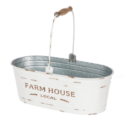 White Oval Farmhouse Bucket for Artificial Floral with Handle