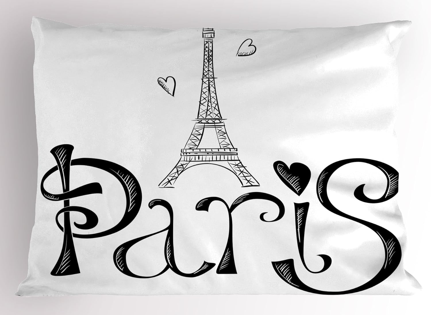 Paris Pillow Sham, Illustration with Eiffel Tower France Heart Shapes Silhouette Vacation Theme Art, Decorative Standard Size Printed Pillowcase, 26" X 20", Black and White