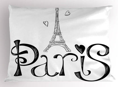 Paris Pillow Sham, Illustration with Eiffel Tower France Heart Shapes Silhouette Vacation Theme Art, Decorative Standard Size Printed Pillowcase, 26" X 20", Black and White
