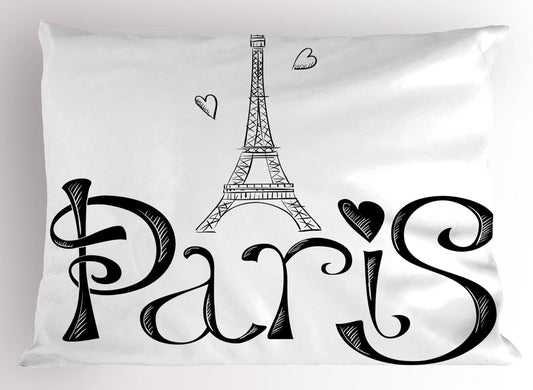 Paris Pillow Sham, Illustration with Eiffel Tower France Heart Shapes Silhouette Vacation Theme Art, Decorative Standard Size Printed Pillowcase, 26" X 20", Black and White