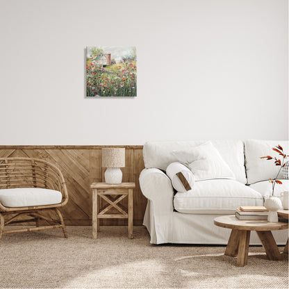Vibrant Flower Blossoms Surrounding Rural Barn Nature Painting Gallery Wrapped Canvas Print Wall Art, Design by Carol Robinson