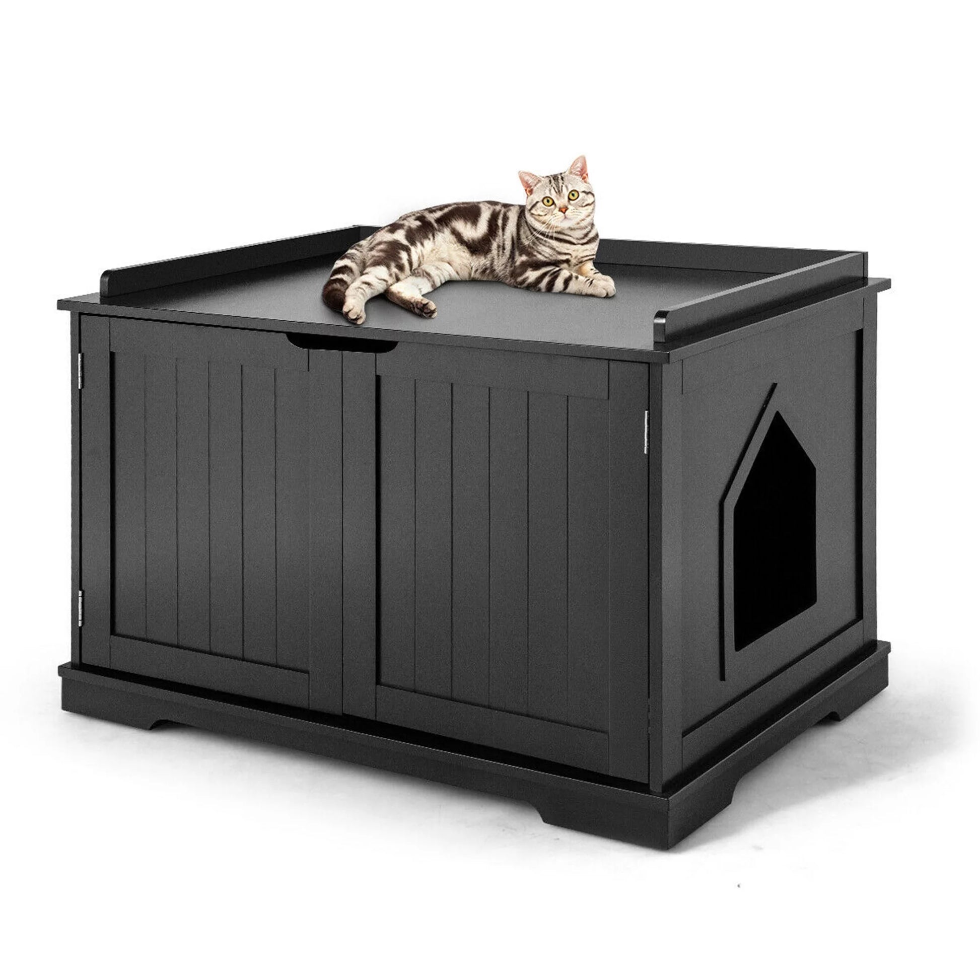 Cat Litter Box Side Table Washroom Storage Bench Wooden Enclosure Pet House Black