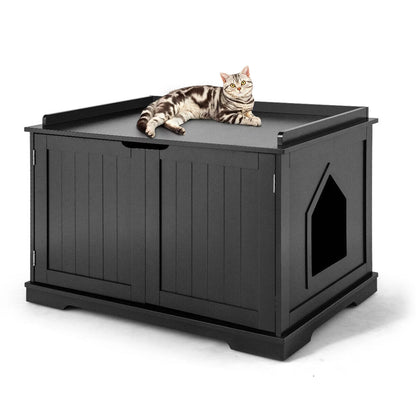 Cat Litter Box Side Table Washroom Storage Bench Wooden Enclosure Pet House Black