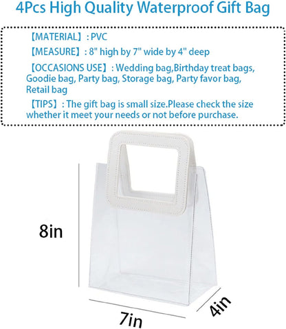 Clear Gift Bag with Handle, 4 Pcs Transparent PVC Gift Bag, Heavy Duty Reusable Gift Wrap Bags for Bridal Party, Baby Shower, Wedding Favor, Shopping Bag Bulk- 7"X4" X8"