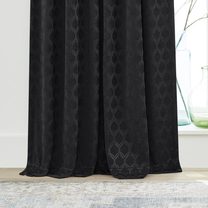 Jacquard Velvet Blackout Rod Pocket/Back Tab Single Curtain Panel, Rich Black, 50" W X 84" L
