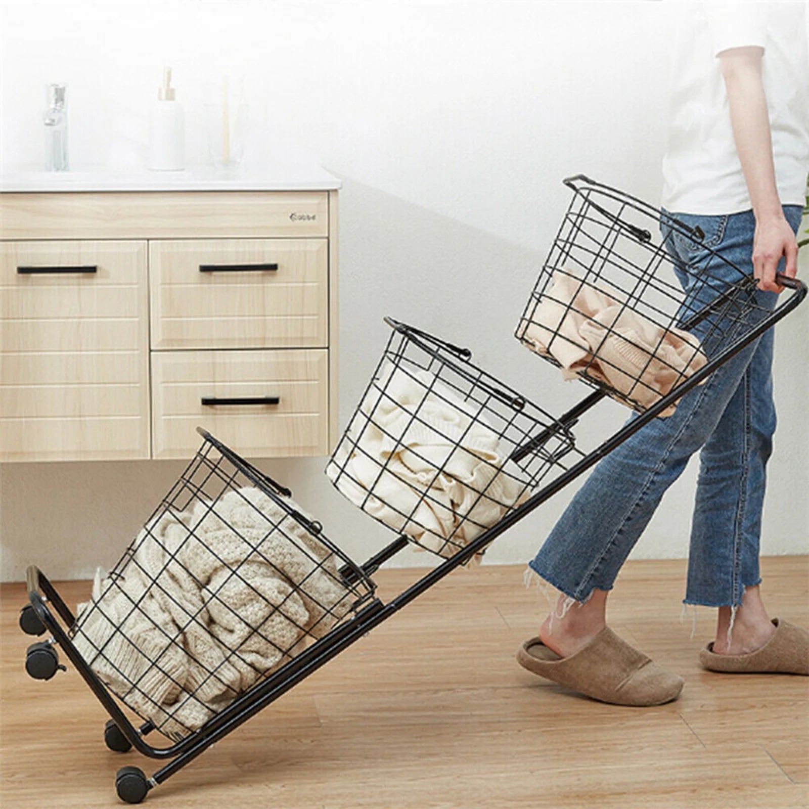 Removable 3 Tier Metal Rolling Laundry Basket Cart,Large Capacity Wire Basket Laundry Hamper with Wheels, Laundry Butler for Bathroom Bedroom Laundry Room, Black