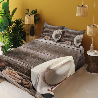 Western Sheet Set, American West Rodeo Traditional Straw Cowboy Hat Leather Boots Print, Fitted and Flat Sheet with Pillowcases Bedding Accent 4 Piece Set, Queen, Tan and Brown