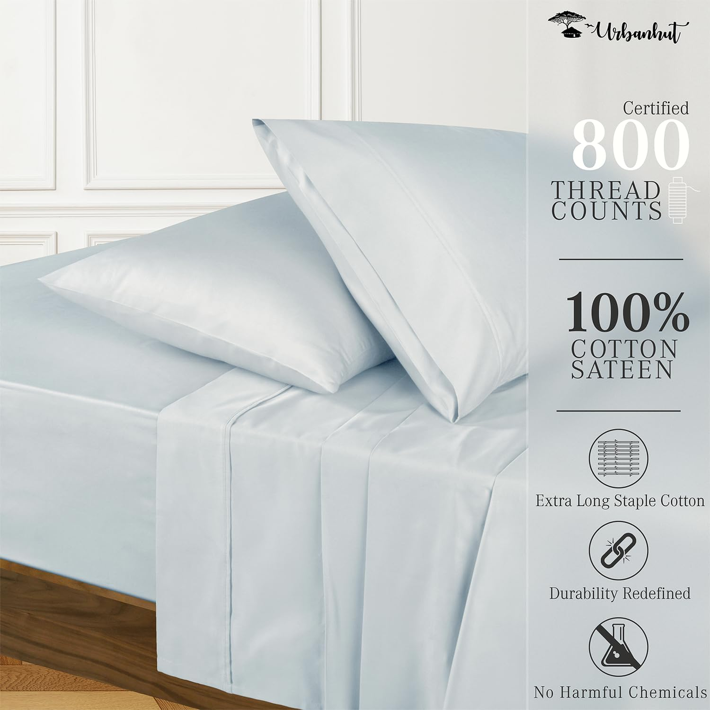 800 Thread Count King Size Sheets Egyptian Cotton, Long Staple Sheets, Soft & Breathable, 4 Pc Bed Sheet Sets for King Size, Luxury Hotel Sateen Sheets Fits 16" Deep Pocket - Light Blue
