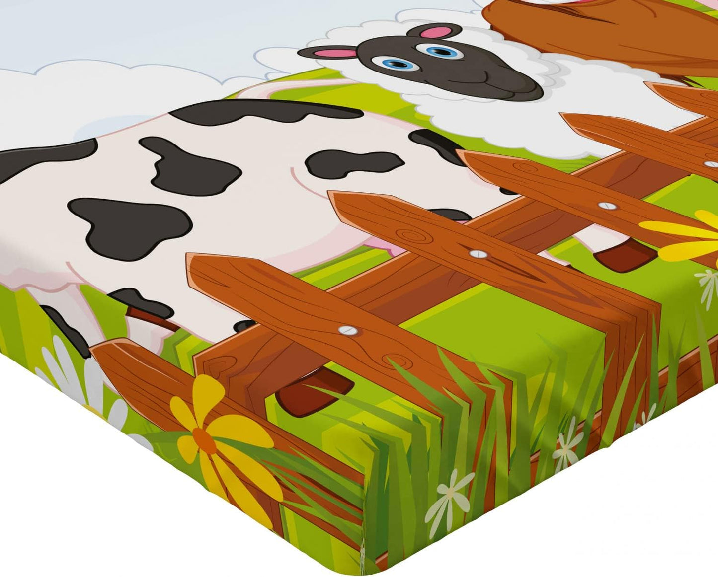Animal Fitted Sheet, Farm Creatures Cow Horse Goat Pig and Chicken by the Fences Cartoon, Bed Cover with All-Round Elastic Deep Pocket for Comfort, Full Size, Ginger