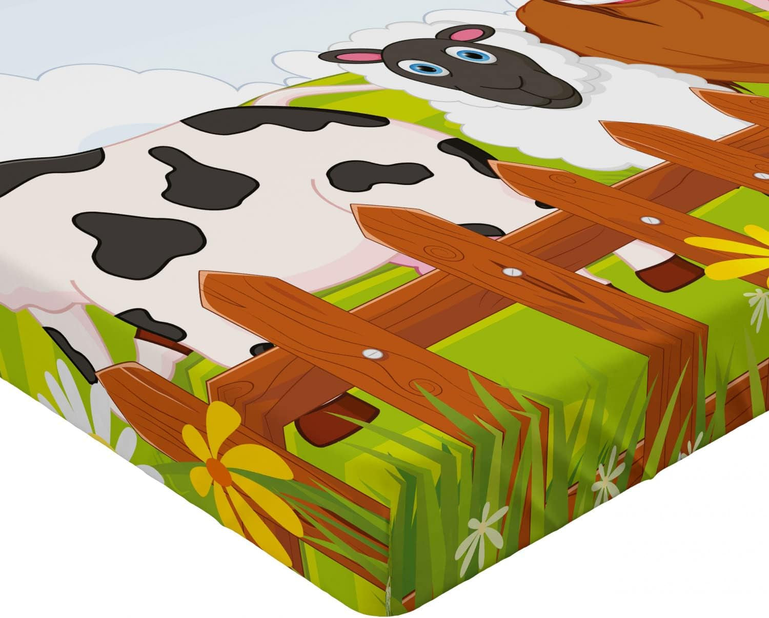 Animal Fitted Sheet, Farm Creatures Cow Horse Goat Pig and Chicken by the Fences Cartoon, Bed Cover with All-Round Elastic Deep Pocket for Comfort, Full Size, Ginger