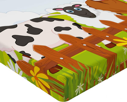 Animal Fitted Sheet, Farm Creatures Cow Horse Goat Pig and Chicken by the Fences Cartoon, Bed Cover with All-Round Elastic Deep Pocket for Comfort, Full Size, Ginger