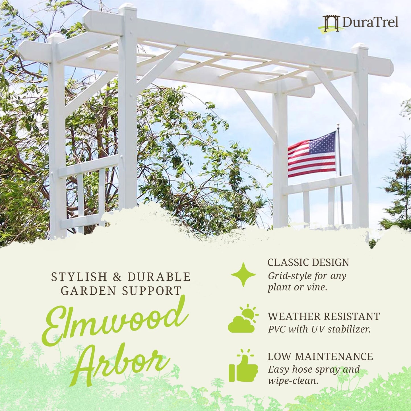 Dura-Trel Elmwood Arbor 57" X 84" PVC Outdoor Garden Arch Lattice Trellis