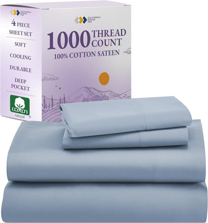 1000 Thread Count Queen Size Sheet Set, Winner Architectural Digest Best Sheet, Luxury 100% Cotton Sateen Bed Sheets, Softer than Egyptian Cotton (Blue)
