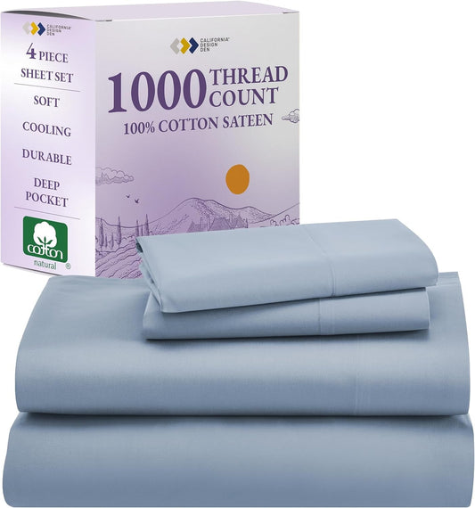 1000 Thread Count Queen Size Sheet Set, Winner Architectural Digest Best Sheet, Luxury 100% Cotton Sateen Bed Sheets, Softer than Egyptian Cotton (Blue)
