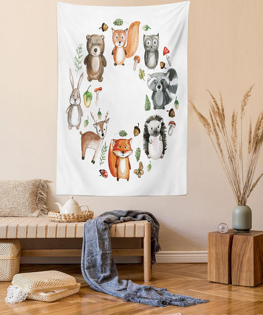 Woodland Tapestry, Animals of the Forest Mushrooms Acorns Circular Frame Cartoon Pastel Colors, Wall Hanging for Bedroom Living Room Dorm Decor, 60" X 80", Multicolor