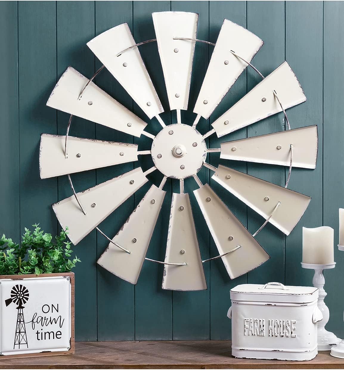 28" Farmhouse Galvanized Windmill Wall Sculpture Home Decor Rustic Metal Rustic Wall Art Decoration, Beige