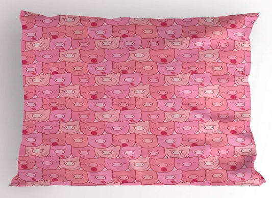 Pig Pillow Sham, Funny Snouts of Pigs with Different Emotions and Happy Animal Faces Tile Pattern, Decorative Standard Queen Size Printed Pillowcase, 30" X 20", Pale Pink