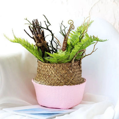 Clearance! Handmade Flower Basket Foldable Wickerwork Storage Basket Hanging Decorative Baskets Garden Flower Pot Rattan Planter Seagrass Home Storage Decor Basket