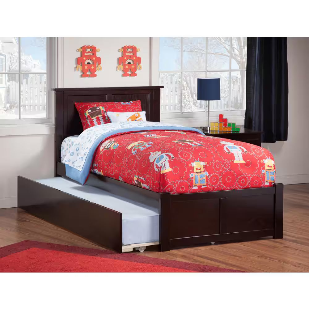 Madison Walnut Full Platform Bed with Flat Panel Foot Board and Twin Size Urban Trundle Bed
