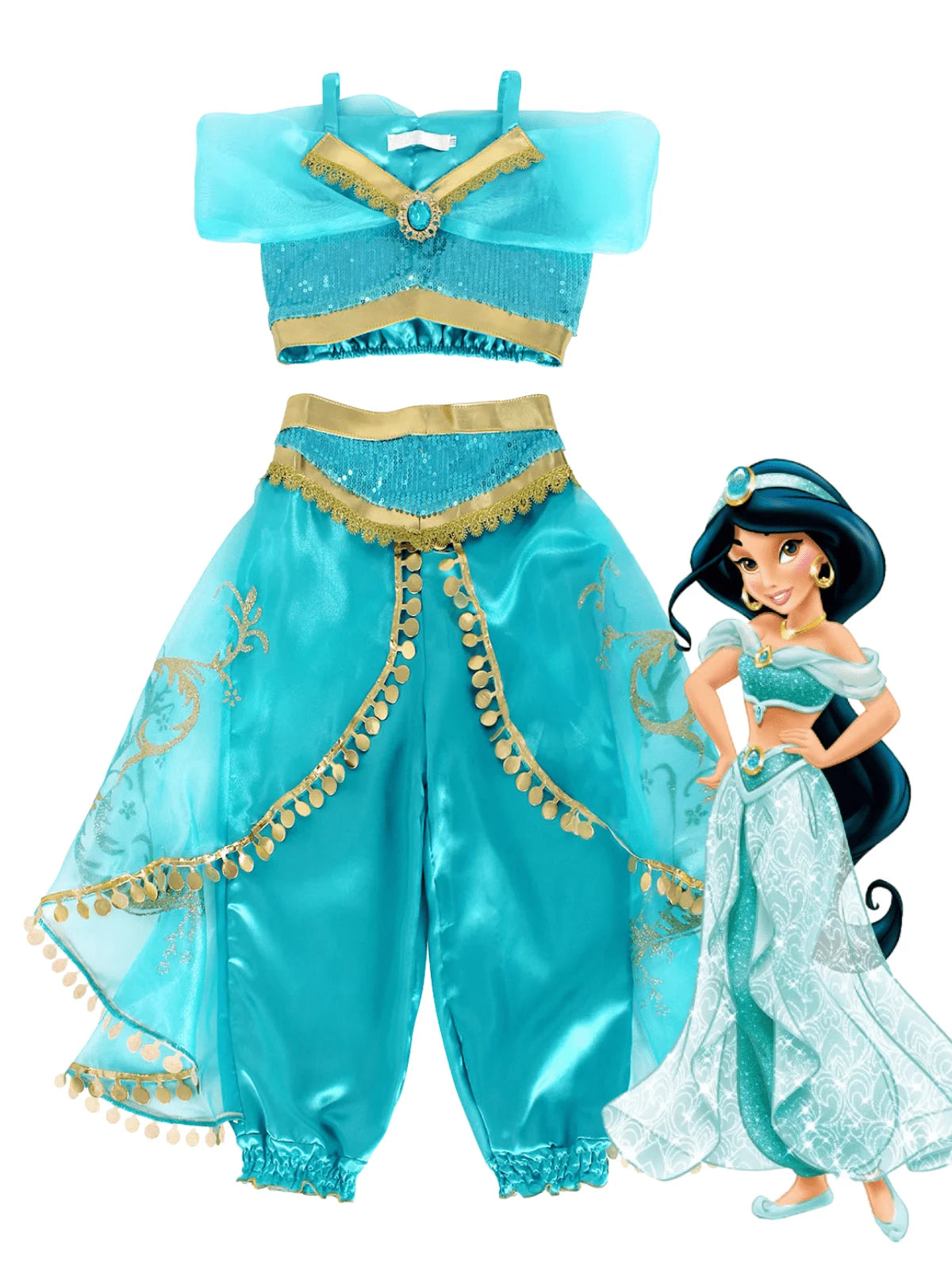 Jasmine Costume for Girls Sequined Princess Dress up Blue with Accessories