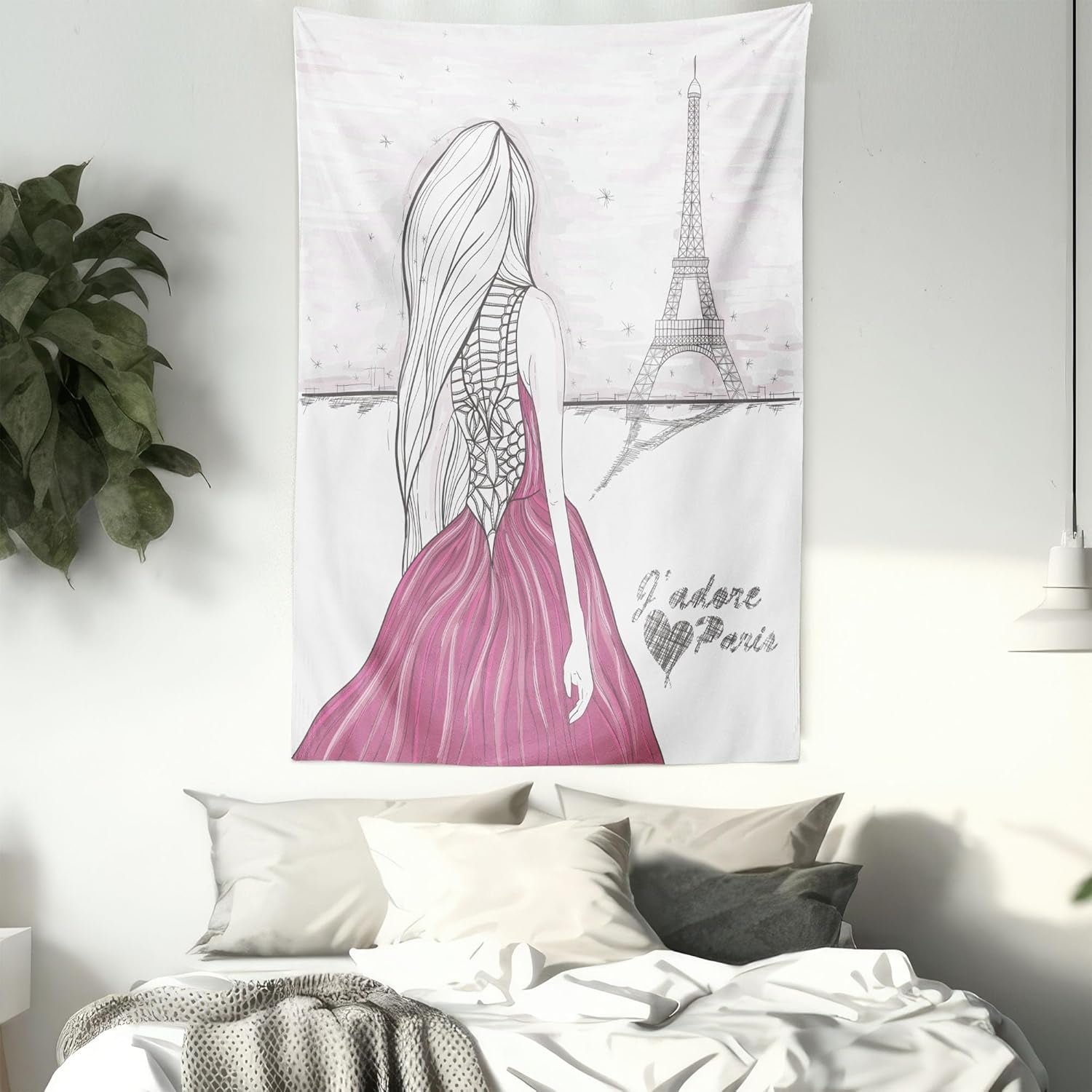 Paris Tapestry, Romantic Dramatical Woman Looks at Eiffel Tower Love Theme Sketch Style Illustration, Wall Hanging for Bedroom Living Room Dorm, 60" X 80", White Pink