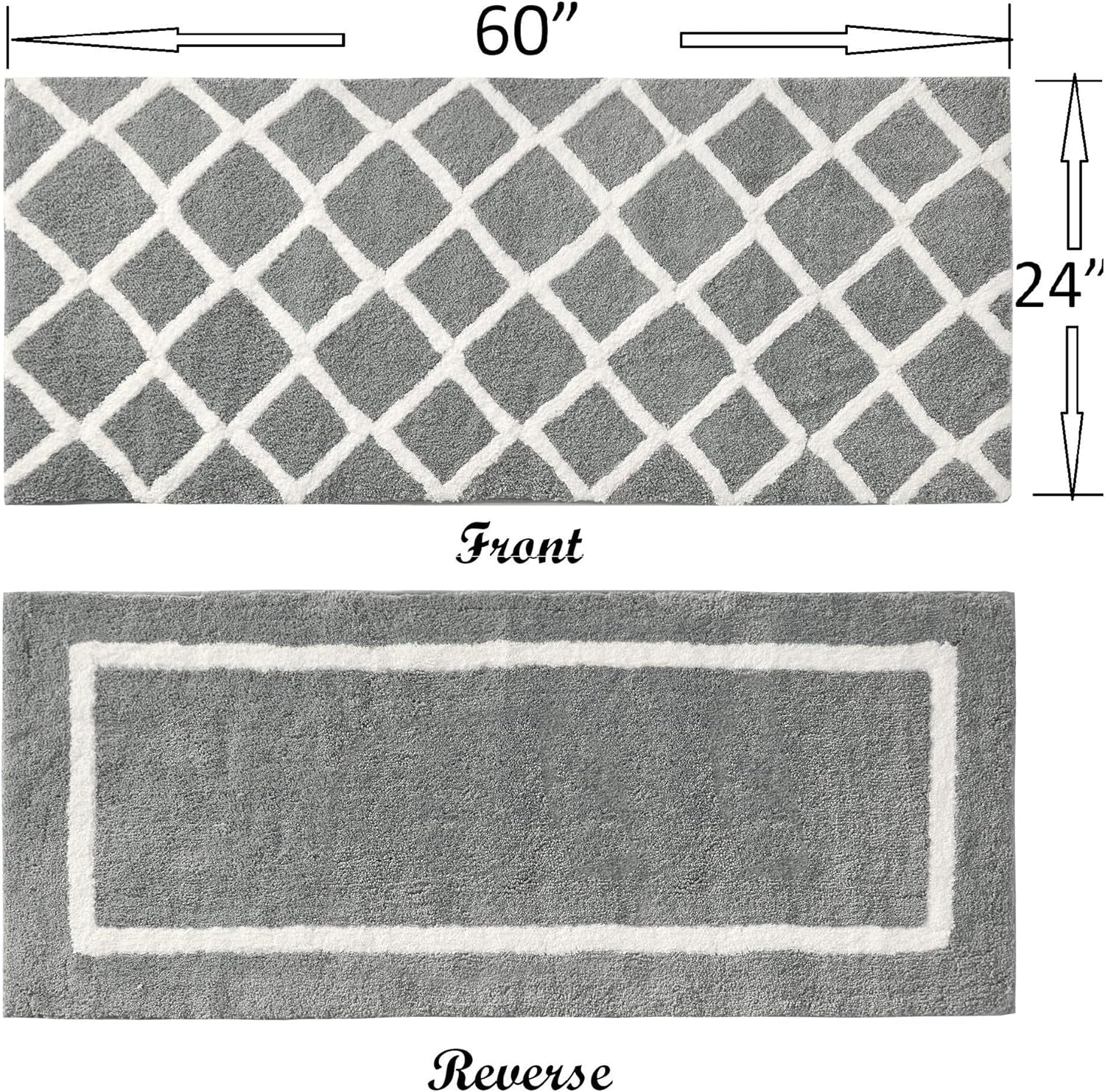 Bittman Reversible Bathroom Rug - High Pile Luxrurious Tufted Plush Bath Mat Absorbent, Quick Dry, Geometric Design Shower Room Décor, 24X60, Grey