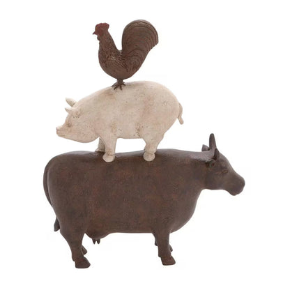 3 In. X 14 In. Brown Polystone Stacked Farm Animals Sculpture