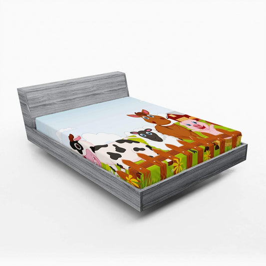 Animal Fitted Sheet, Farm Creatures Cow Horse Goat Pig and Chicken by the Fences Cartoon, Bed Cover with All-Round Elastic Deep Pocket for Comfort, Full Size, Ginger