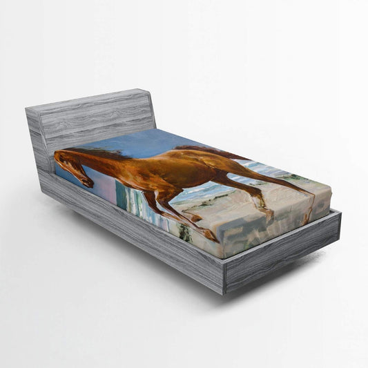 Animal Fitted Sheet, Nature Themed Painting of Chestnut Horse Galloping on Shore Print, Bed Cover with All-Round Elastic Deep Pocket for Comfort, Twin XL Size, Slate Blue Pale Caramel