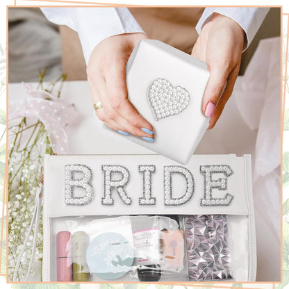 2 Pcs Bride Bag Makeup Bag Bride Gift Cosmetic Bag Pearl Letter Bags Portable PU Leather Mrs Clear Waterproof Bling Travel Purse Zipper Pouch Handy Coin Purses for Women(Bride)