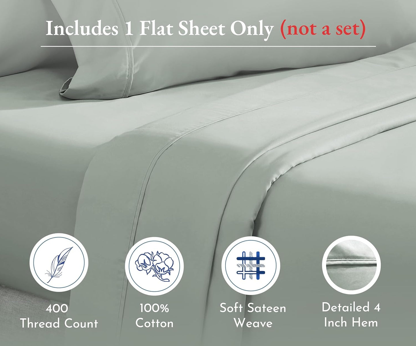 Soft Queen Flat Sheet Cotton Durable, 100% Cotton Sheet, 400 Thread Count Sateen, Smooth & Breathable Hotel Quality Top Sheet Only (Sage Green)