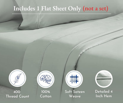 Soft Queen Flat Sheet Cotton Durable, 100% Cotton Sheet, 400 Thread Count Sateen, Smooth & Breathable Hotel Quality Top Sheet Only (Sage Green)