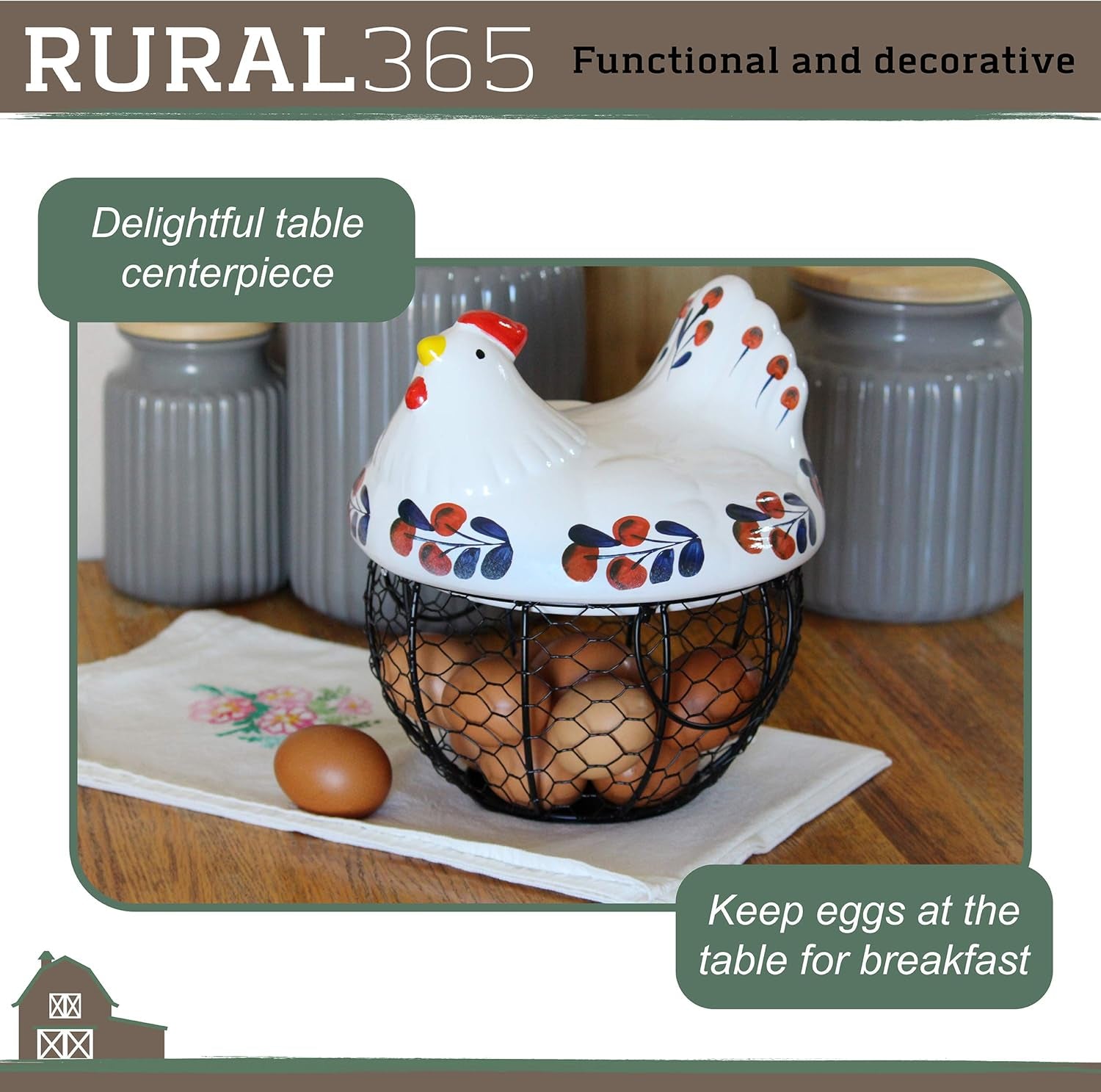 Chicken Egg Basket in Navy and Red Design Ceramic Chicken Shaped Lid with round Wire Basket Base and Handles