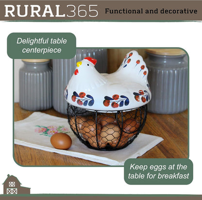 Chicken Egg Basket in Navy and Red Design Ceramic Chicken Shaped Lid with round Wire Basket Base and Handles