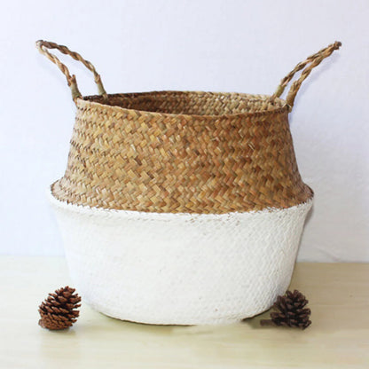 Clearance! Handmade Flower Basket Foldable Wickerwork Storage Basket Hanging Decorative Baskets Garden Flower Pot Rattan Planter Seagrass Home Storage Decor Basket