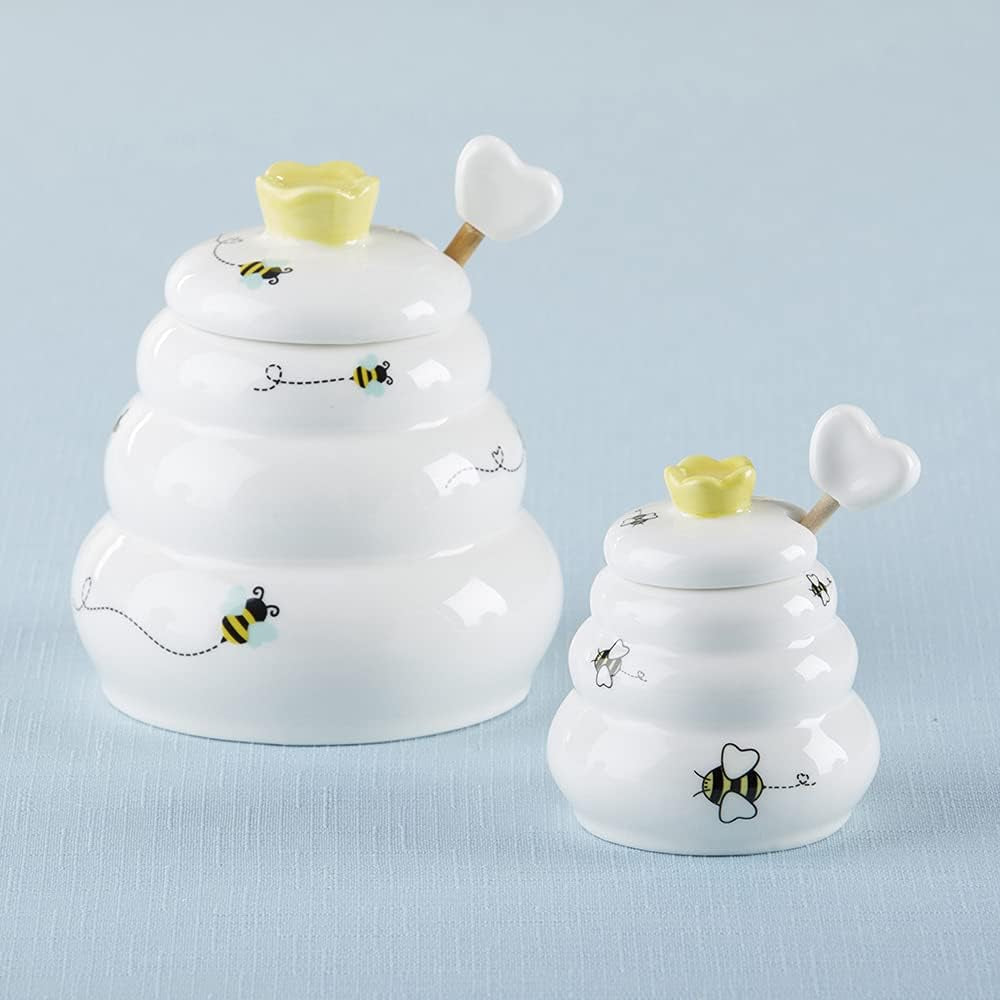 Sweet as Can Bee Ceramic Large Honey Pot with Wooden Honey Dipper (10 Oz), Kitchen Decor, Bumblebee Baby Shower Prize, Take Home Gift, Bee Decorations