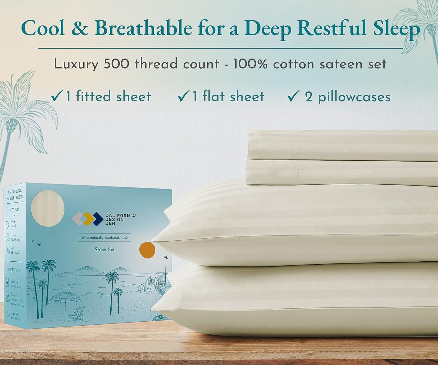 4 Piece King Size Sheet Set - 100% Cotton 500 Thread Count, Cooling Deep Pocket Bed Sheets with Fitted Elastic Sheet, Extra Soft Luxury Hotel Quality - Striped Ivory