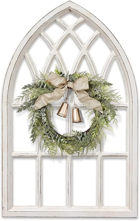 Rustic Arched Window Frame for Home 20" X 32", Hanging Distressed White Bedroom Window Pane Wall Decor Artwork, MDF ,