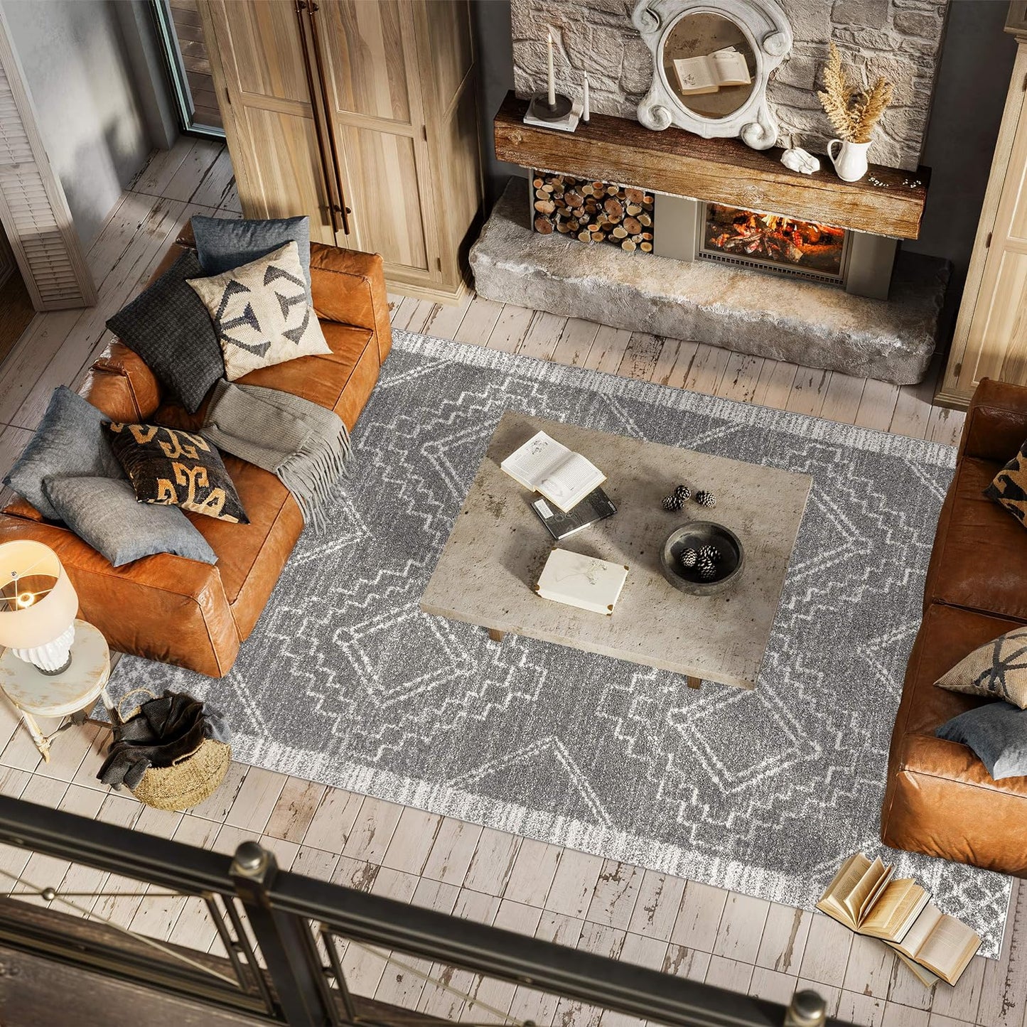 MOH200C-4 Amir Moroccan Beni Souk Indoor -Area Rug Bohemian Farmhouse Rustic Geometric Easy-Cleaning Bedroom Kitchen Living Room Non Shedding, 4 X 6, Gray,Cream