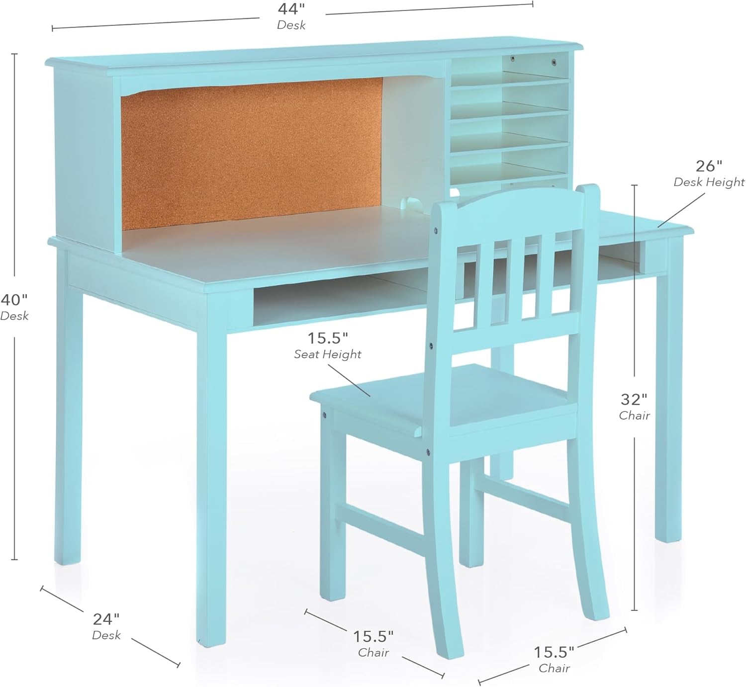 Kids Media Desk, Hutch and Chair Set - Teal: Kids Table and Chairs Set, Student'S Study Desk with Storage, Computer Workstation | Wooden Kids Bedroom Furniture Set
