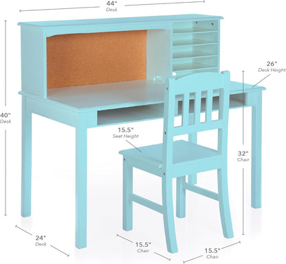 Kids Media Desk, Hutch and Chair Set - Teal: Kids Table and Chairs Set, Student'S Study Desk with Storage, Computer Workstation | Wooden Kids Bedroom Furniture Set