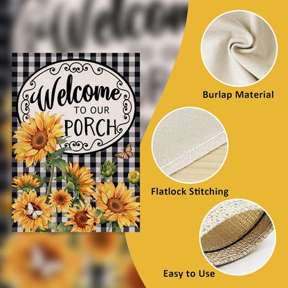 Home Decorative Welcome to Our Porch Spring Summer Sunflower Garden Flag, Black White Buffalo Plaid Check Yard outside Decoration, Fall Autumn Farmhouse Outdoor Small Decor 12 X 18