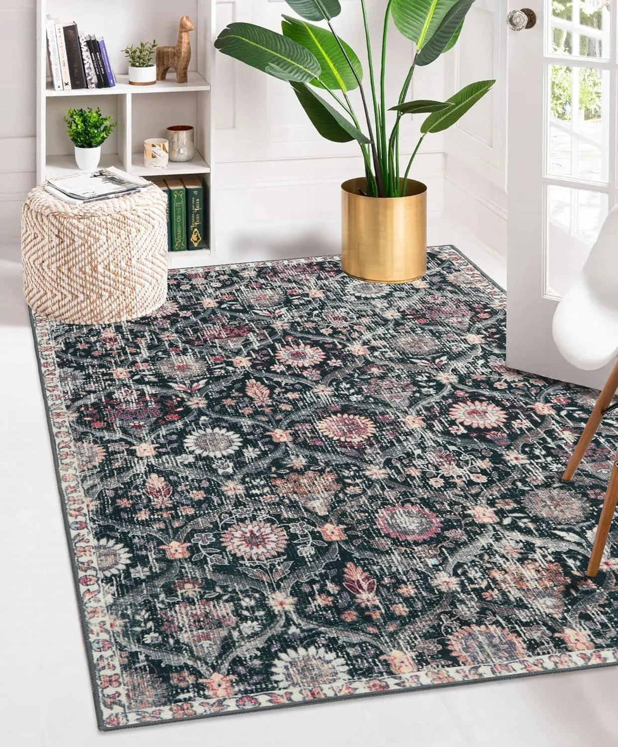 5'X7' Area Rug for Living Room Non-Slip Moroccan Indoor Washable Rug Ultra-Thin Foldable Soft Carpet Floral Accent Throw Rug for Kitchen Entryway Bathroom Bedroom Office Carpet,Grey