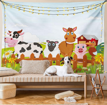 Animal Tapestry King Size, Farm Creatures Cow Horse Goat Pig and Chicken by the Fences Cartoon, Wall Hanging Bedspread Bed Cover Wall Decor, King Size, Pale Brown